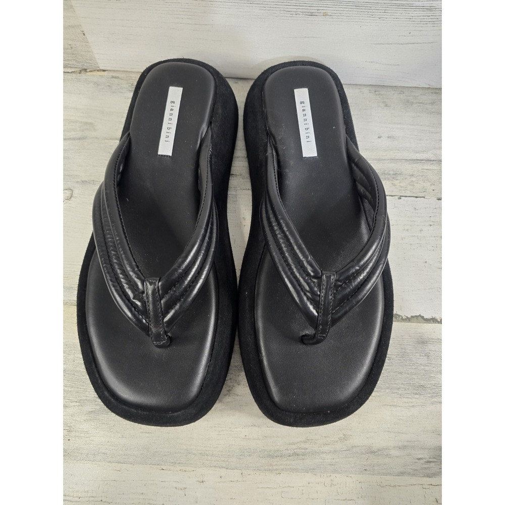 Gianni Bini Women Size 8 Black Leather Padded Platform Thong Sandals 90's‎ Y2K - Picture 4 of 7
